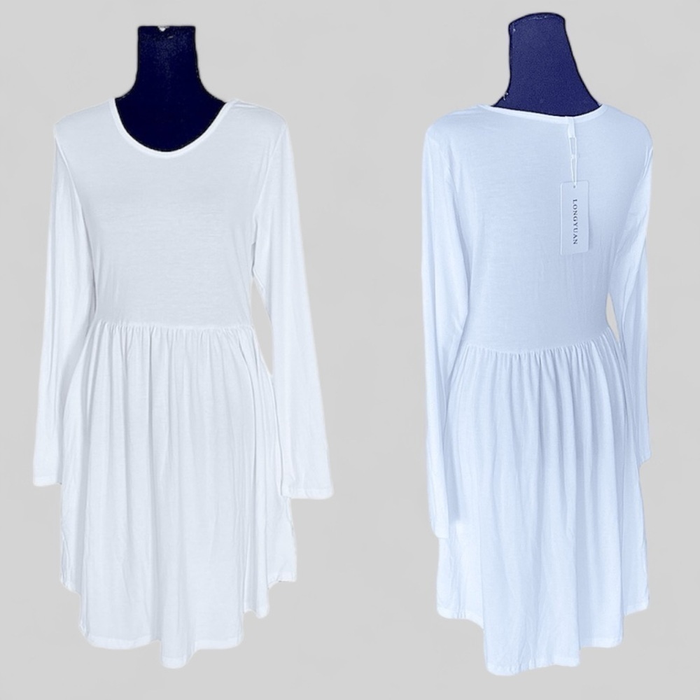 LONGYUAN Knee High White Long Sleeve Dress with pockets - Picture 9 of 14